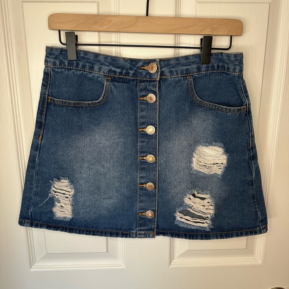 Blue Denim Womens Jeans Skirt Size M Distressed Mini Urban Retro Y2K Grunge Punk